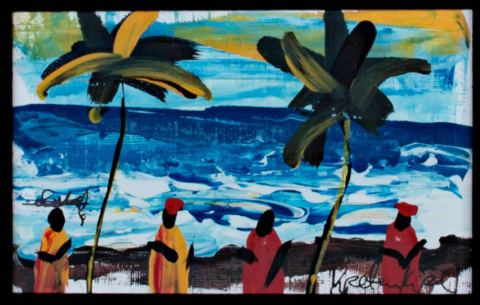 Samuel B. Kpetenkple Figurative Painting - "Dancing on the Sandy Beach of the S. Atlantic Shore, Ghana, Africa, " Acrylic 