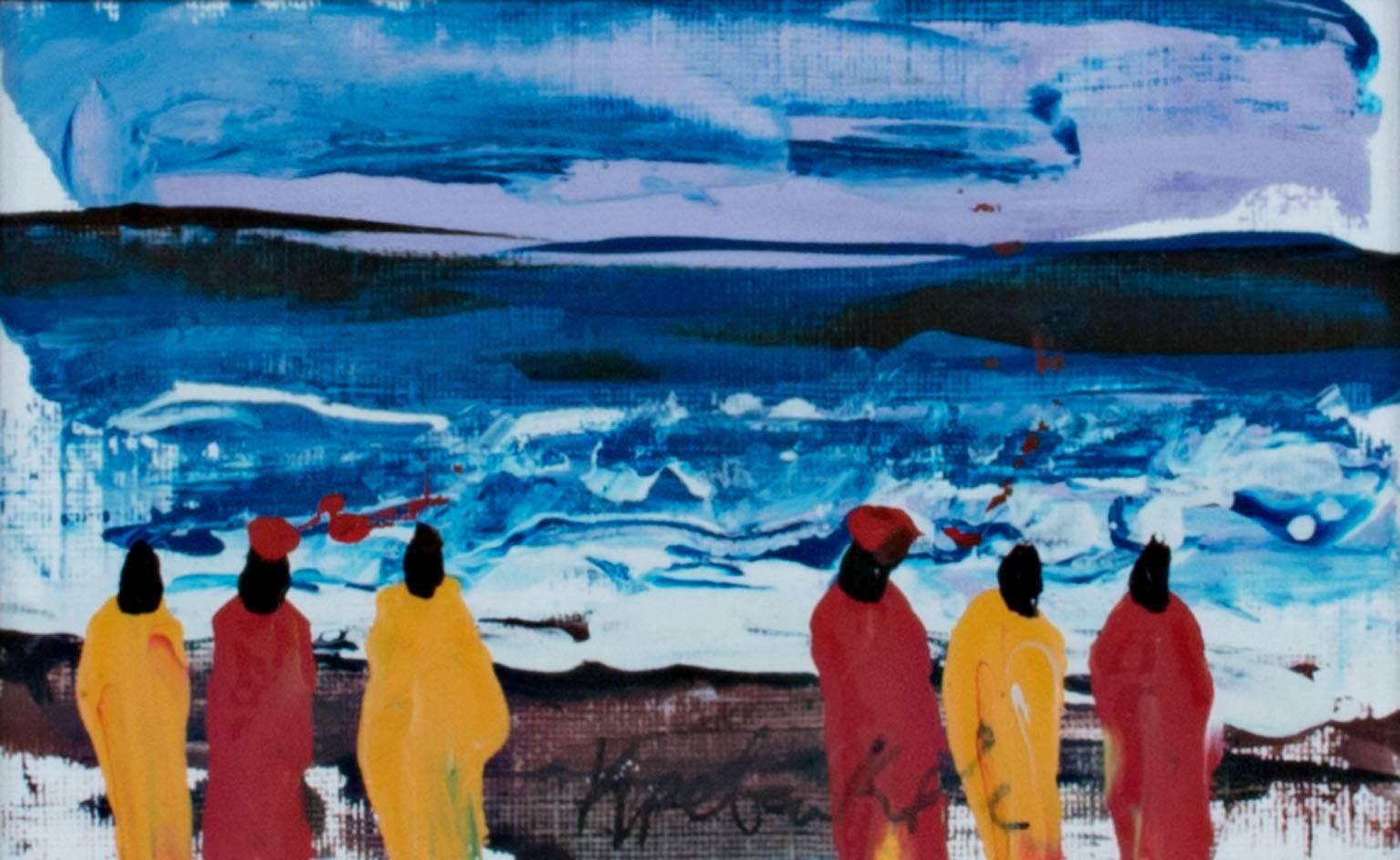Landscape Painting Samuel B. Kpetenkple - « Watching the Whitecaps on the South Atlantic Shore, Ghana, Africa » (Voir les Caps blancs sur la côte sud de l'Atlantique), Acrylique 