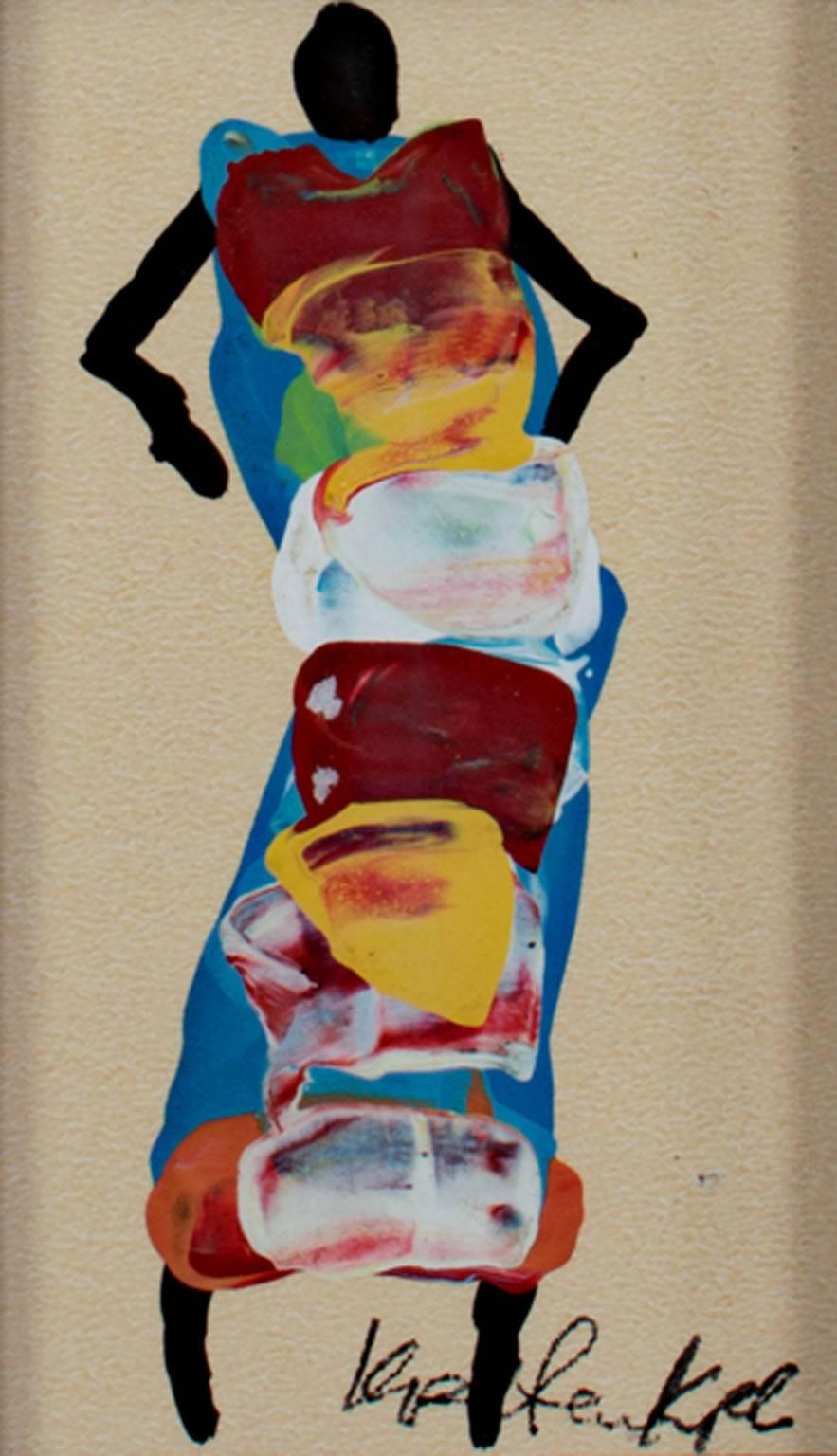 "Ashanti Woman Dancing, Ghana, Africa" est une peinture acrylique originale sur papier de Samuel B. Kpetenkple. Il représente une femme dans une robe colorée qui danse. L'artiste a signé l'œuvre au bas du tableau.

4 1/4" x 2 1/2" art
cadre de 11