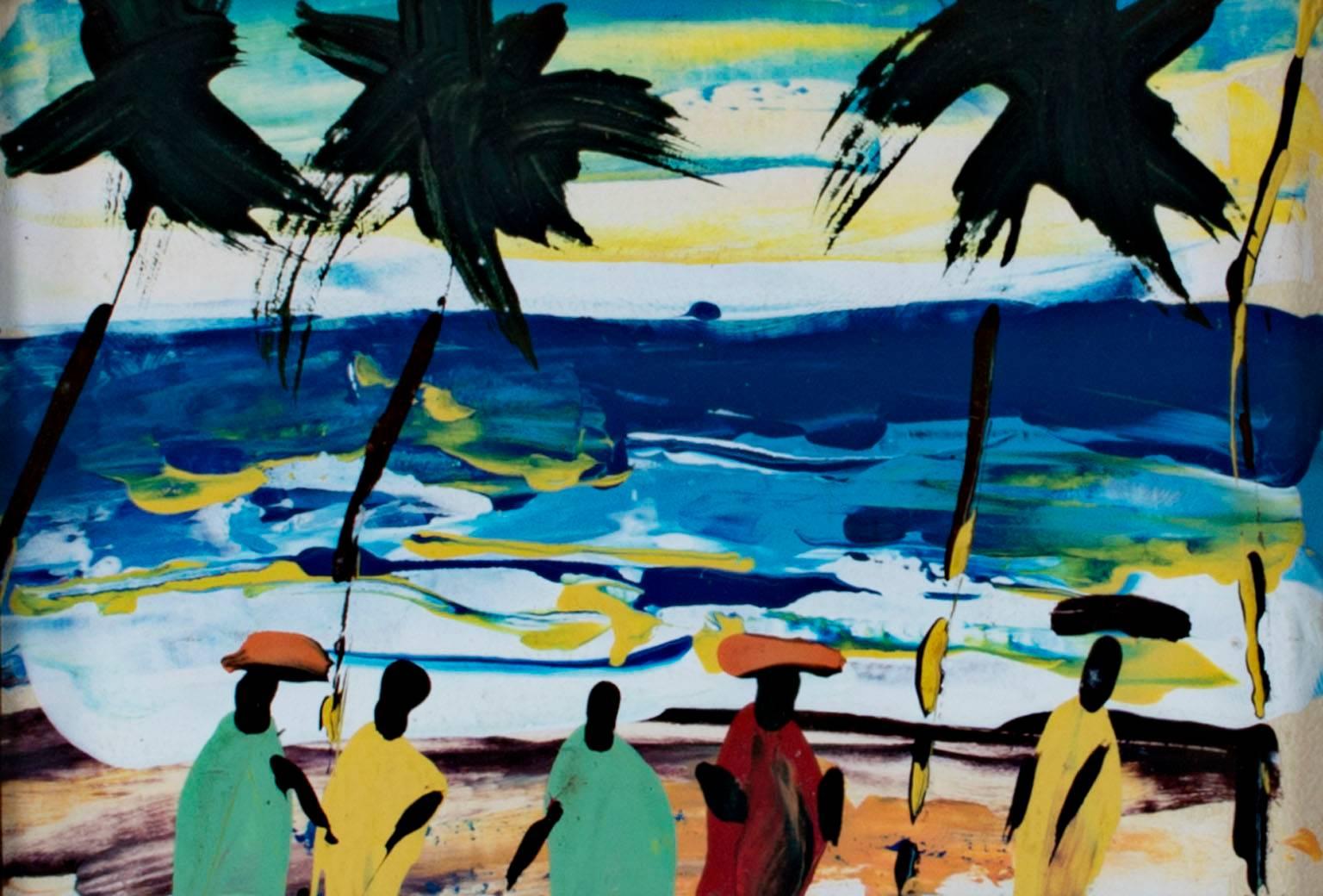 Landscape Painting Samuel B. Kpetenkple - « Sunset Over the South Atlantic Shore, Ghana, Africa », acrylique sur papier