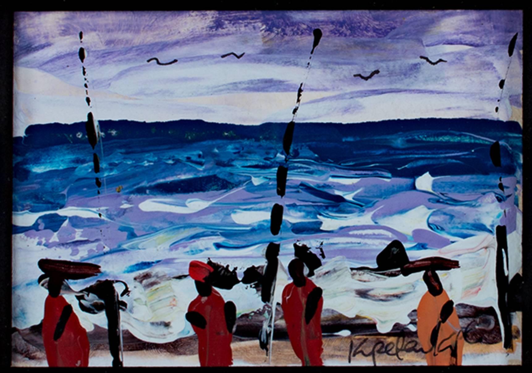 Samuel B. Kpetenkple Figurative Painting - "Fishing on the South Atlantic Shore, Ghana, Africa, " Acrylic by S. Kpetenkple