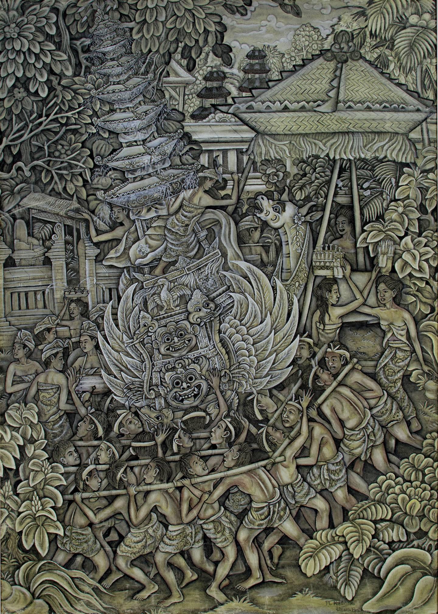 Figurative Painting de Unknown - Pintura al óleo de principios del siglo XX figuras templo caballos follaje árboles mujer