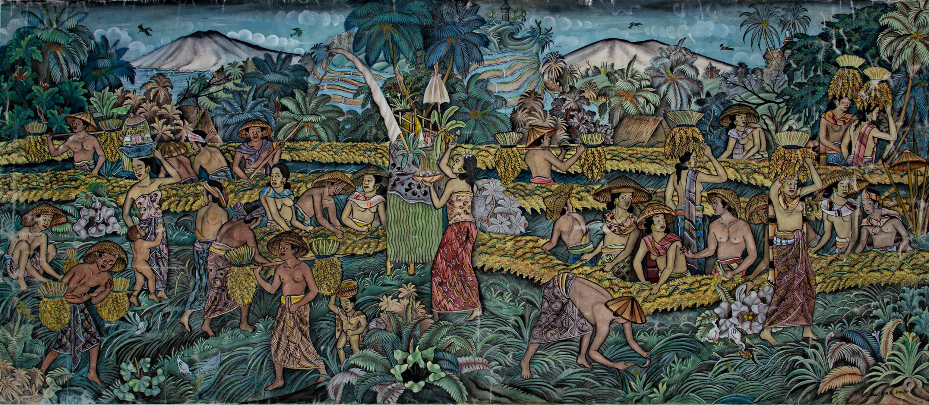 Unknown Landscape Painting - "Indonesian Villagers Working - Harvest, " Oil Canvas created in Indonesia