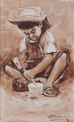 « Nino Trabajador (enfant sculptant un bol en bois) - Ayacucho », huile sur toile signée