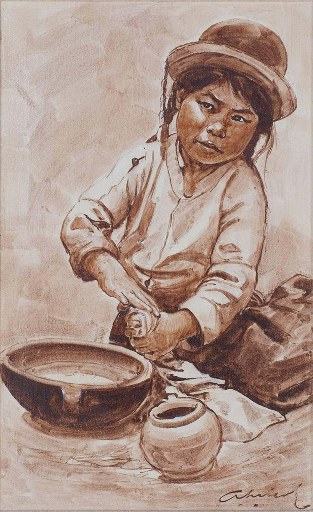 « Nina Alfarera (Poterie d'artisanat d'enfant - Puno) - Puno », huile sur toile signée par Velazquez - Painting de Abelardo Marquez Velazquez