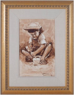 « Nino Trabajador (enfant sculptant un bol en bois) - Ayacucho », huile sur toile signée