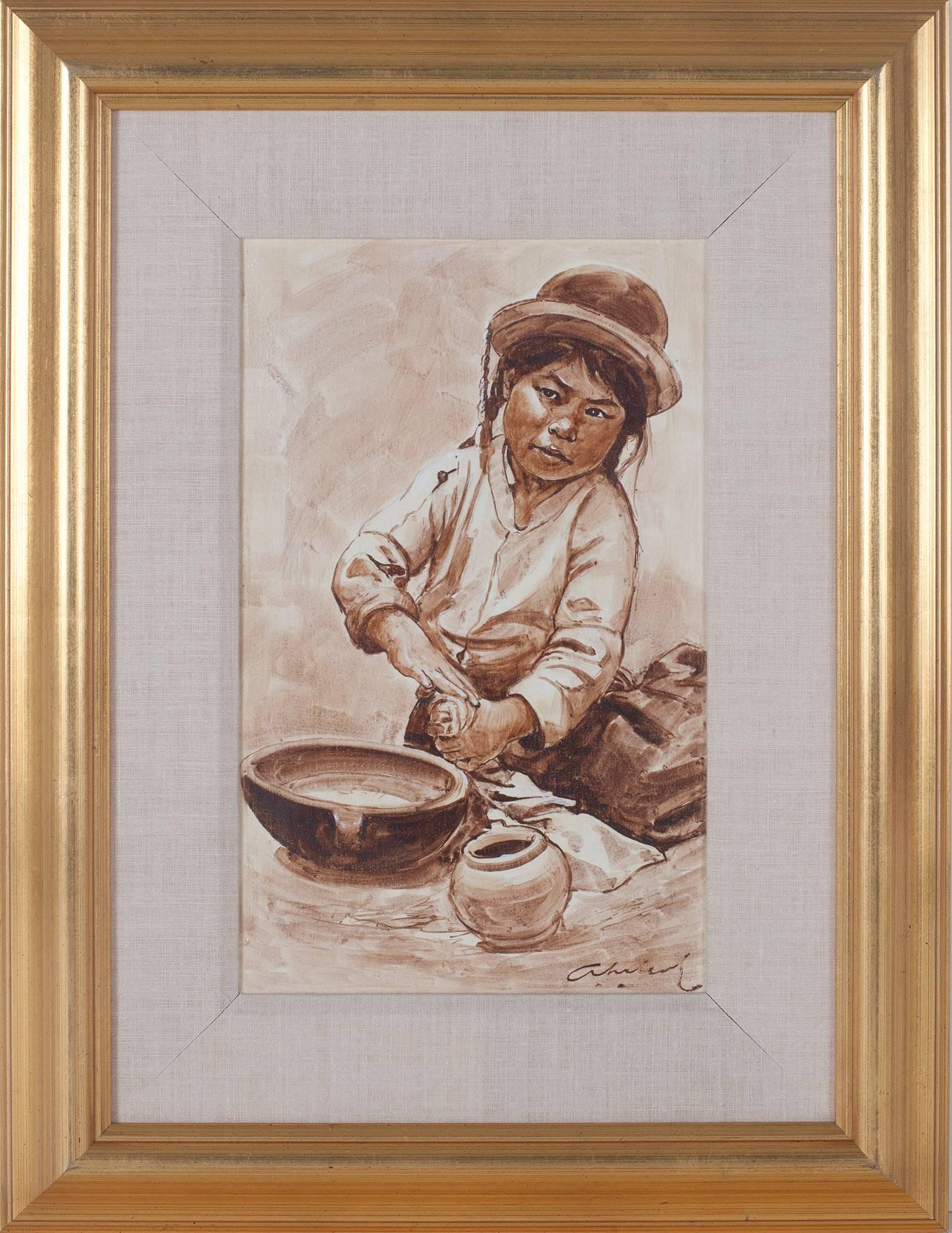 Abelardo Marquez Velazquez Figurative Painting – ""Nina Alfarera (Kinderhandwerk der Töpferei) - Puno", Öl auf Leinwand, signiert von Velazquez