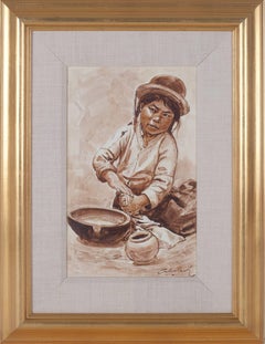 "Nina Alfarera (Child Making Pottery) - Puno, " Oil on Canvas signed by Velazquez