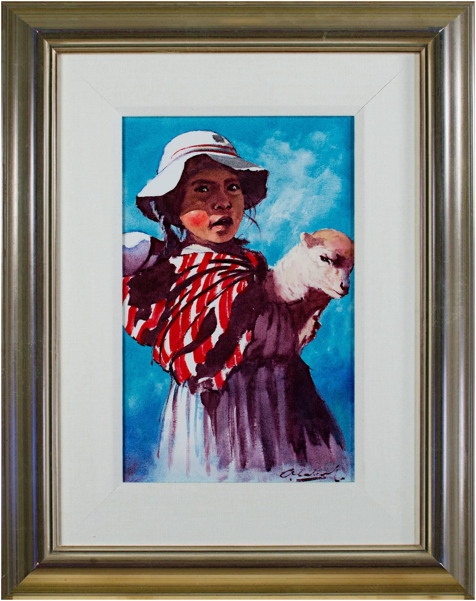 Abelardo Marquez Velazquez Figurative Painting – ""Nina Pastora ( Hirtenmädchen) -Puno", Öl auf Leinwand, signiert von Abelardo Velazquez