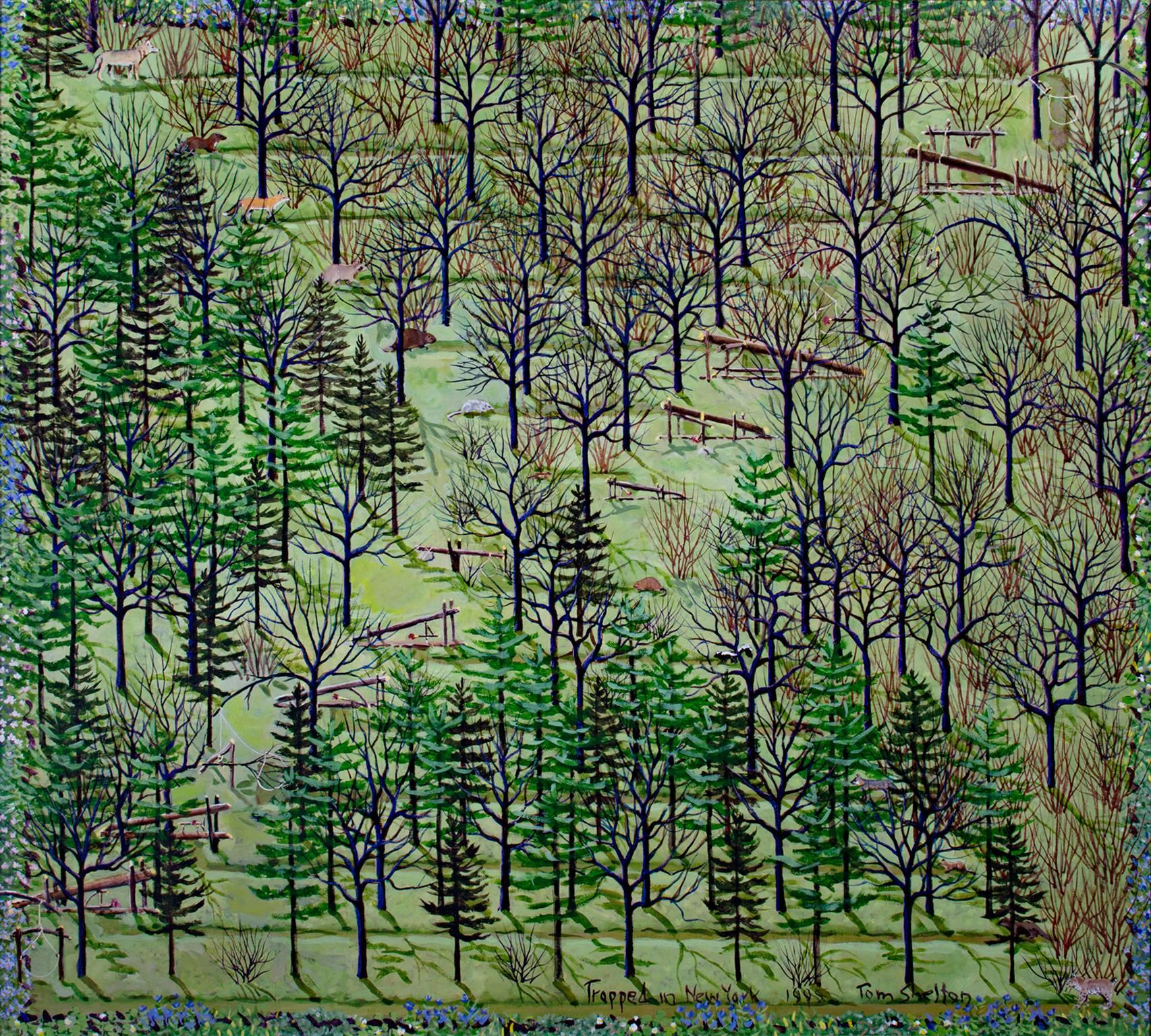 "Gefangen in New York" ist ein Original-Acrylgemälde von Tom Shelton. Der Künstler hat das Werk unten rechts signiert, betitelt und datiert. Dieses Stück zeigt einen Wald mit Tieren und hölzernen Fallen, die eine "X"-förmige Lichtung