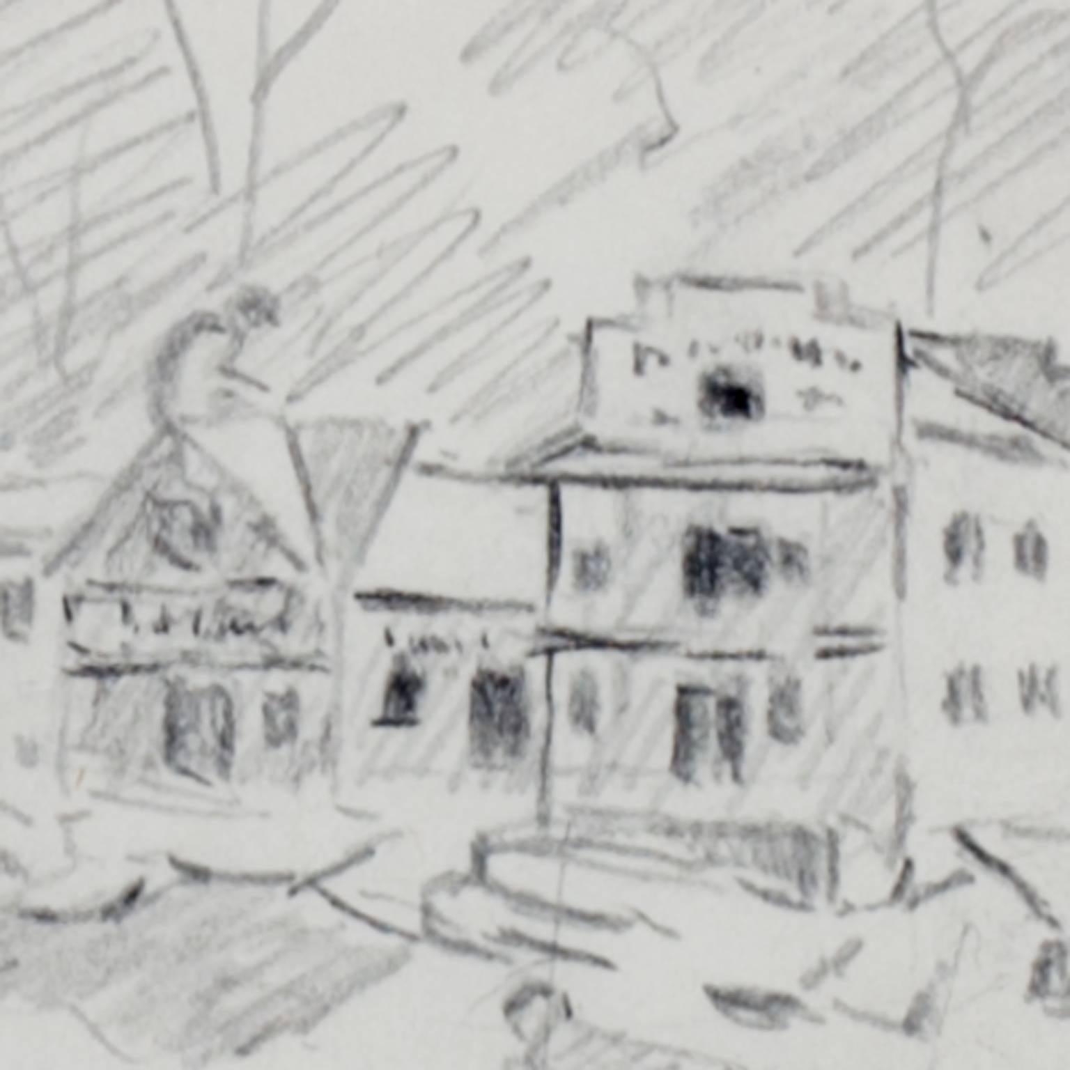 Dibujo en blanco y negro de mediados del siglo XX paisaje árboles casas figuras firmado - Landscape Art Gris de Francesco Spicuzza