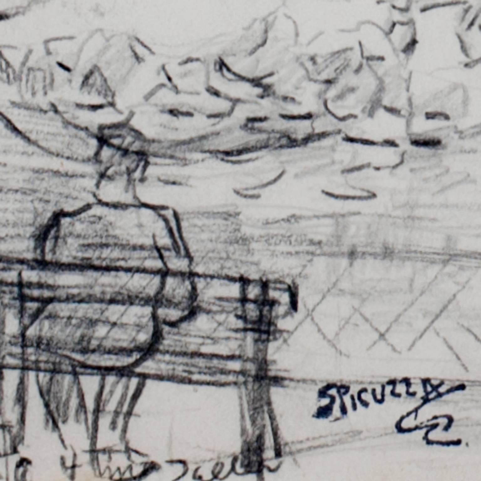 Dibujo en blanco y negro de mediados del siglo XX paisaje árboles casas figuras firmado - Art de Francesco Spicuzza