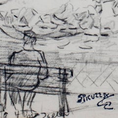 Mid 20th century black and white drawing landscape trees houses figures signed