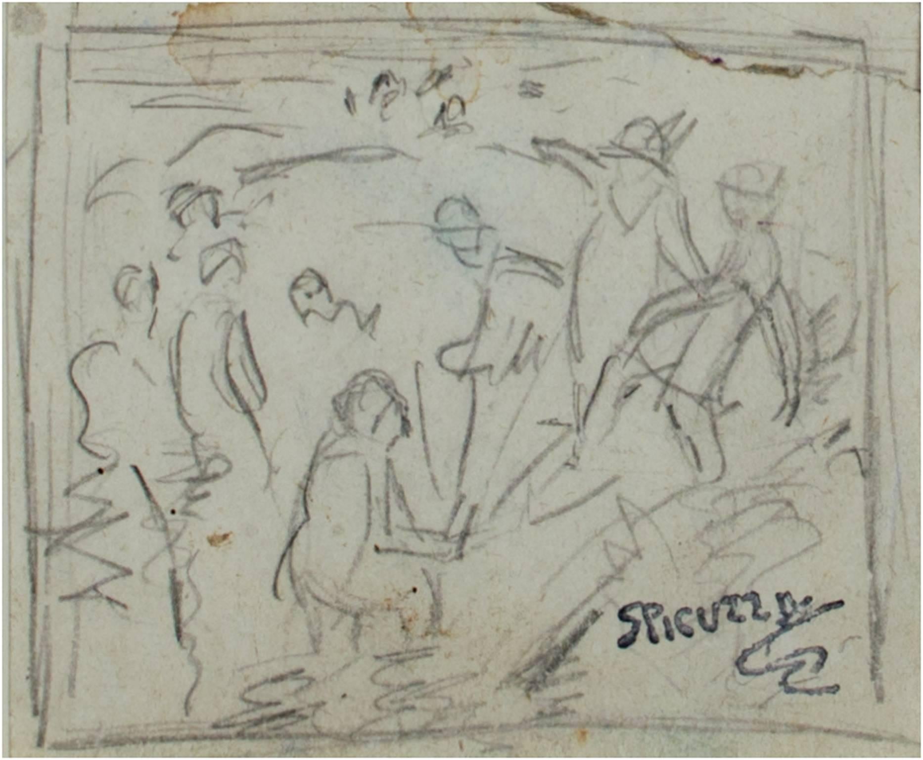 "Lake Michigan Bathers, " Pencil, Reverse, & Photo signed by Francesco Spicuzza