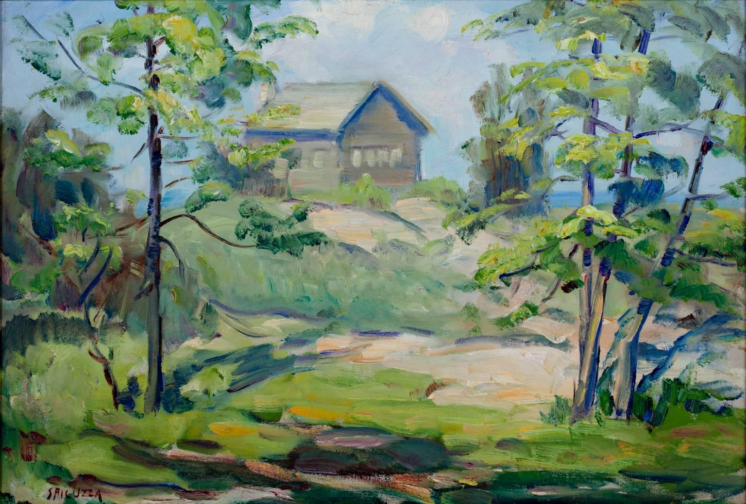 "Cabin on Lake Michigan Shore" ist ein Original-Ölgemälde auf Karton von Francesco Spicuzza. Der Künstler hat das Werk unten links signiert. Es zeigt eine kleine Hütte am Seeufer, umgeben von einer üppigen Vegetation. 

14" x 20" Kunst
22 3/4" x 29"