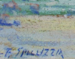 Paisaje marino colorido de principios del siglo XX al pastel figuras banco árboles firmado