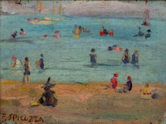 "Lake Michigan Beach Scene," Oil on Canvas Seascape signed by Francesco Spicuzza