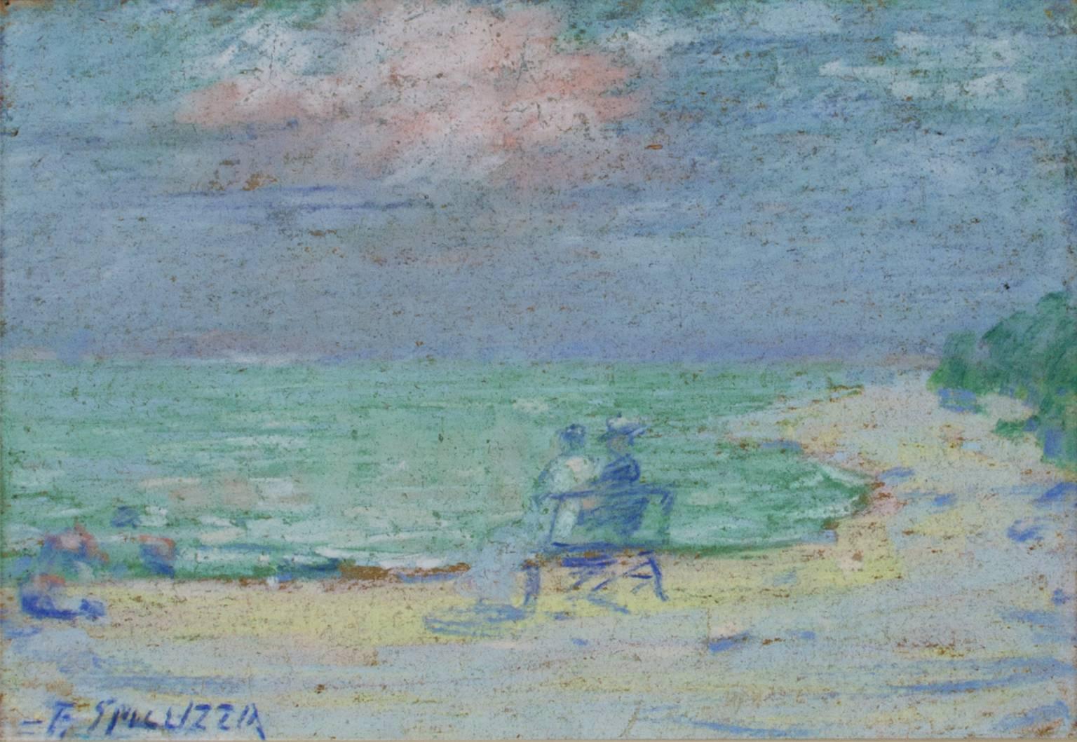 Paisaje marino colorido de principios del siglo XX al pastel figuras banco árboles firmado
