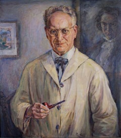 20th century oil painting self portrait male subject glasses pipe signed
