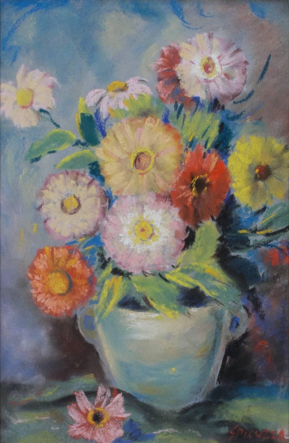 Francesco Spicuzza Still-Life - "Flowers in Vase with Handles, " Pastel on Paperboard signed by F. Spicuzza