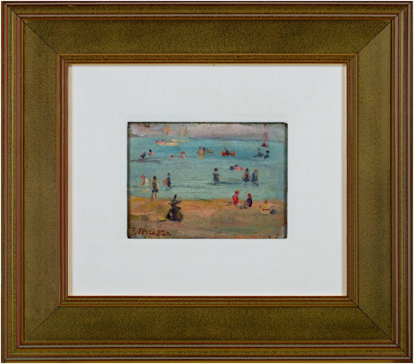 "Lake Michigan Beach Scene" ist ein Original-Ölgemälde von Francesco Spicuzza. Der Künstler malte diese Szene auf Leinwand und klebte sie dann auf ein Brett. Der Künstler hat das Werk unten links signiert. Dieses Gemälde zeigt eine Reihe von