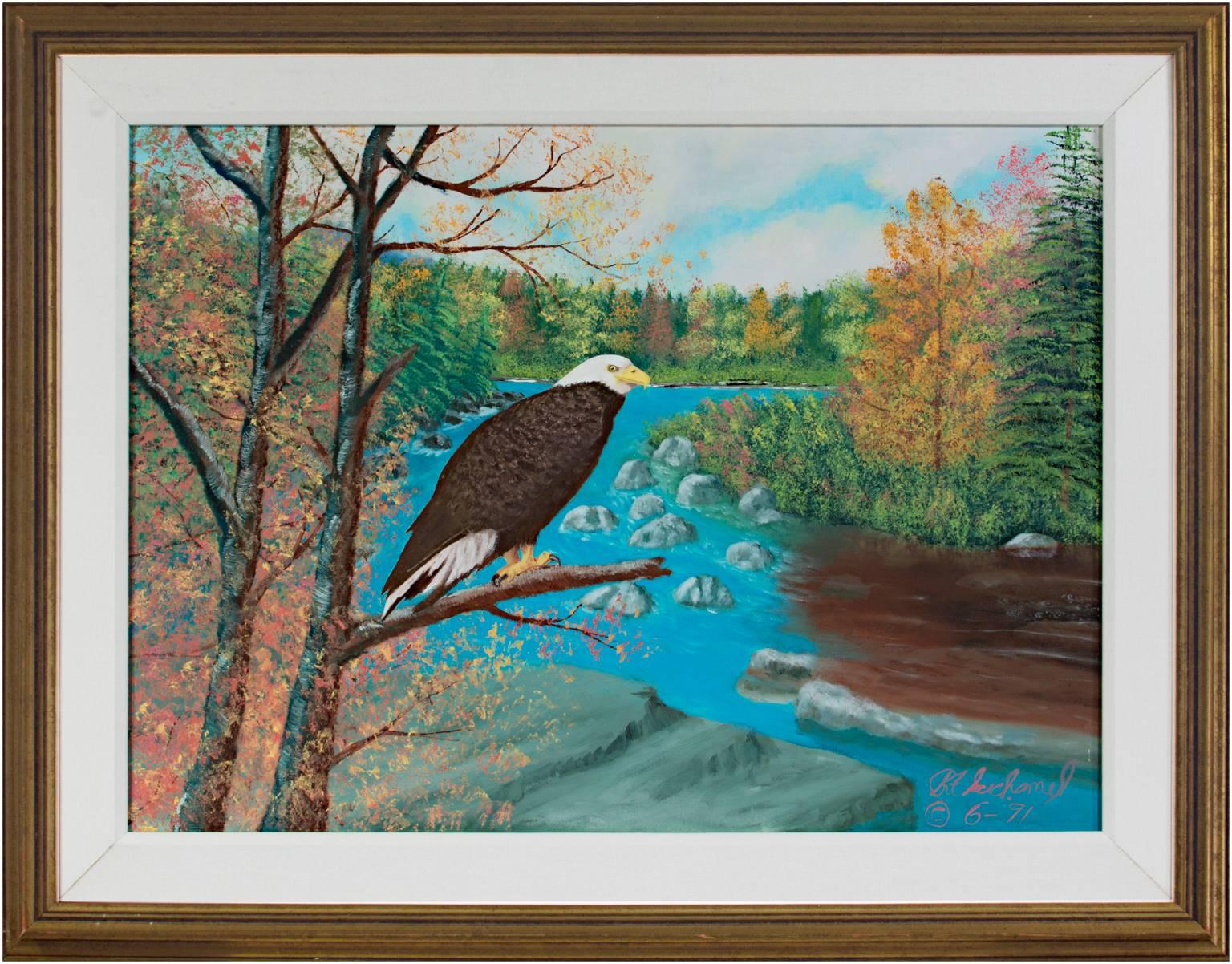 Peinture à l'huile originale « On Watch » représentant un paysage avec aigle, signée par Raymond Suchomel en vente 3