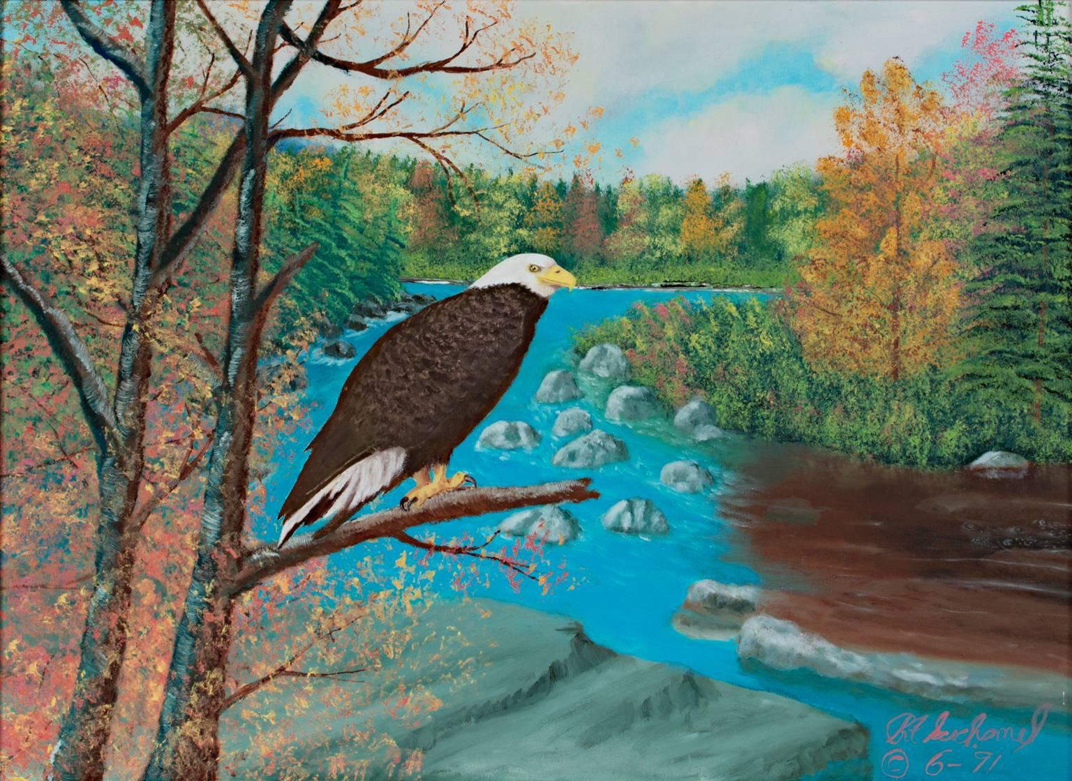 "On Watch" est une peinture à l'huile originale sur toile de Raymond Suchomel. L'artiste a signé le tableau en bas à droite. Il représente un aigle à tête blanche sur une branche d'arbre qui observe le paysage automnal aux couleurs vives. 

18" x