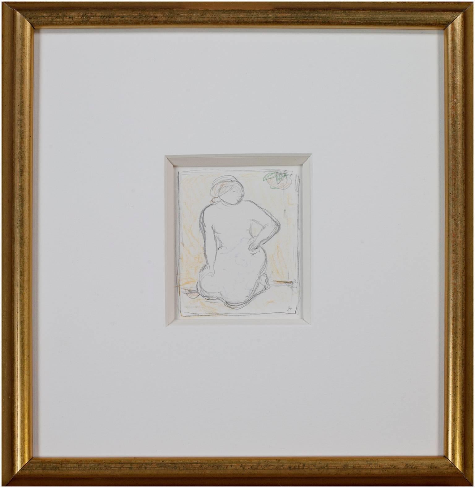 "Senza titolo" è un disegno originale a matita colorata di Angelika Thusius. L'artista ha firmato con la sua iniziale in basso a destra. Questo disegno raffigura una figura femminile seduta. Questo pezzo è incorniciato con vetro da museo.

3 1/2" x