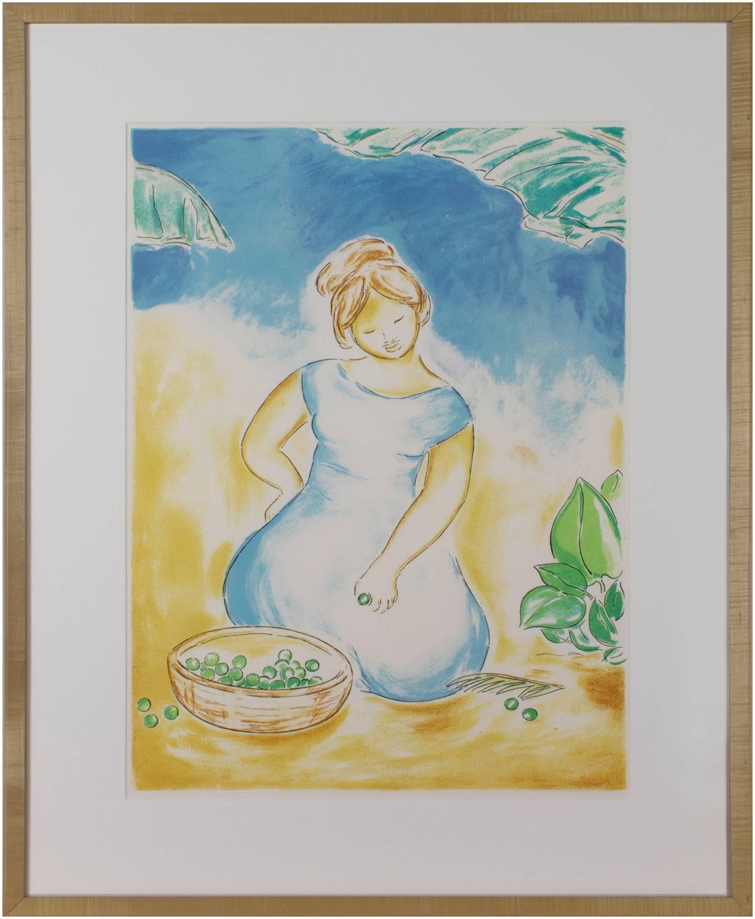 Angelika Thusius Figurative Print - "Untitled (Woman With Basket of Grapes), " Original Color Lithograph by A Thusius