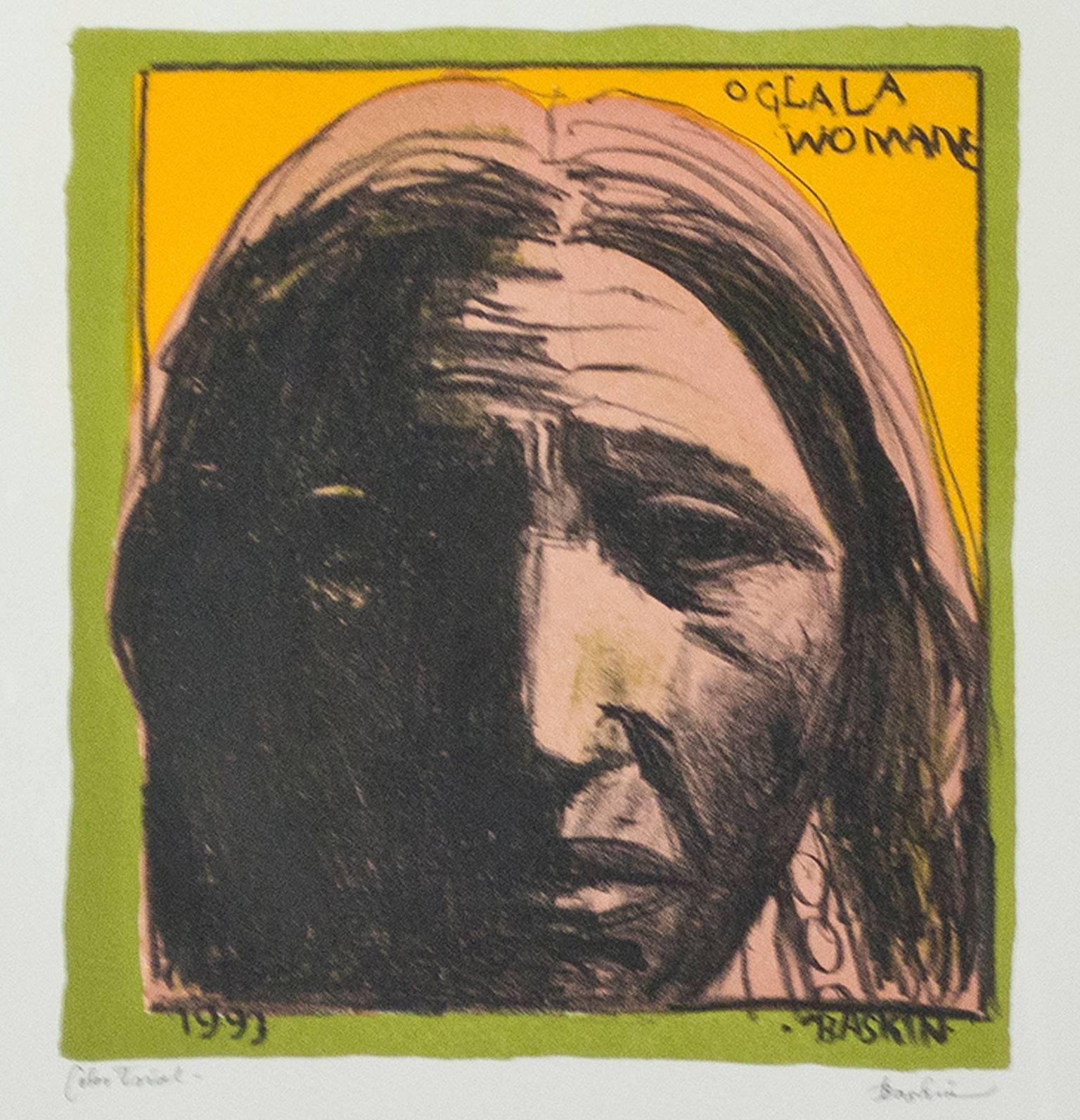 "Oglala Woman" is an original color lithograph trial proof by Leonard Baskin. This was a proof before publication. It depicts the shadowed face of a woman from the Oglala Sioux tribe.

9" x 8" art
20 5/8" x 20" frame

Born in 1922 in New Brunswick,