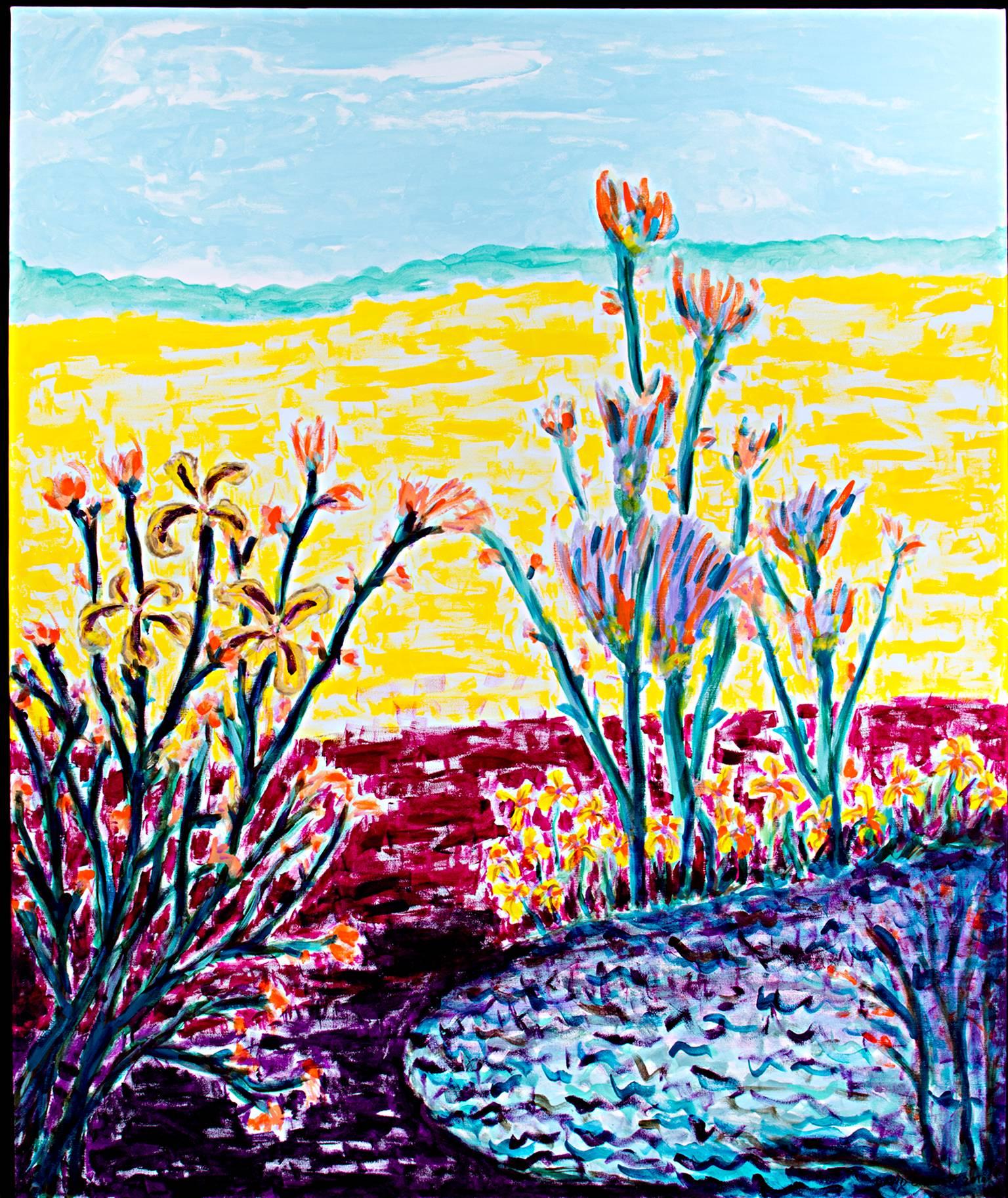 "Cranberry Bog & Golden Fields" ist ein Original-Acrylgemälde auf Leinwand von David Barnett. Dieses Gemälde zeigt ein leuchtend gelbes Feld hinter einem roten Moor mit bunten Blumen. Der Künstler hat das Gemälde unten rechts signiert. 

60" x 48"