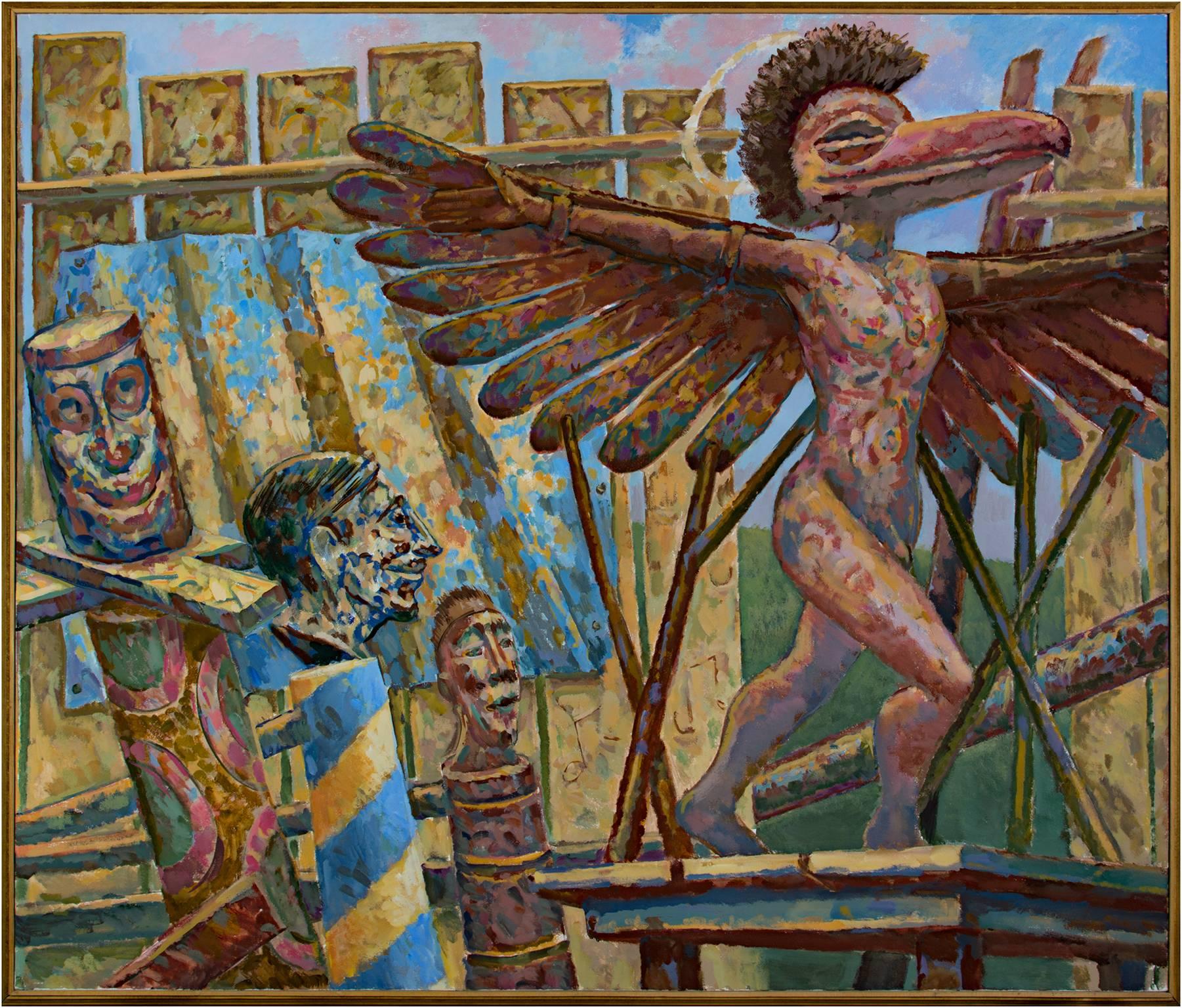 "St. Icaremus in the Lumber Yard" ist ein Original-Acrylgemälde auf Leinwand von Randall Berndt. Dieses Gemälde zeigt eine männliche Figur mit Flügeln und einem Vogelkopf in einem Holzlager. Drei Säulen mit geschnitzten Köpfen starren ihn