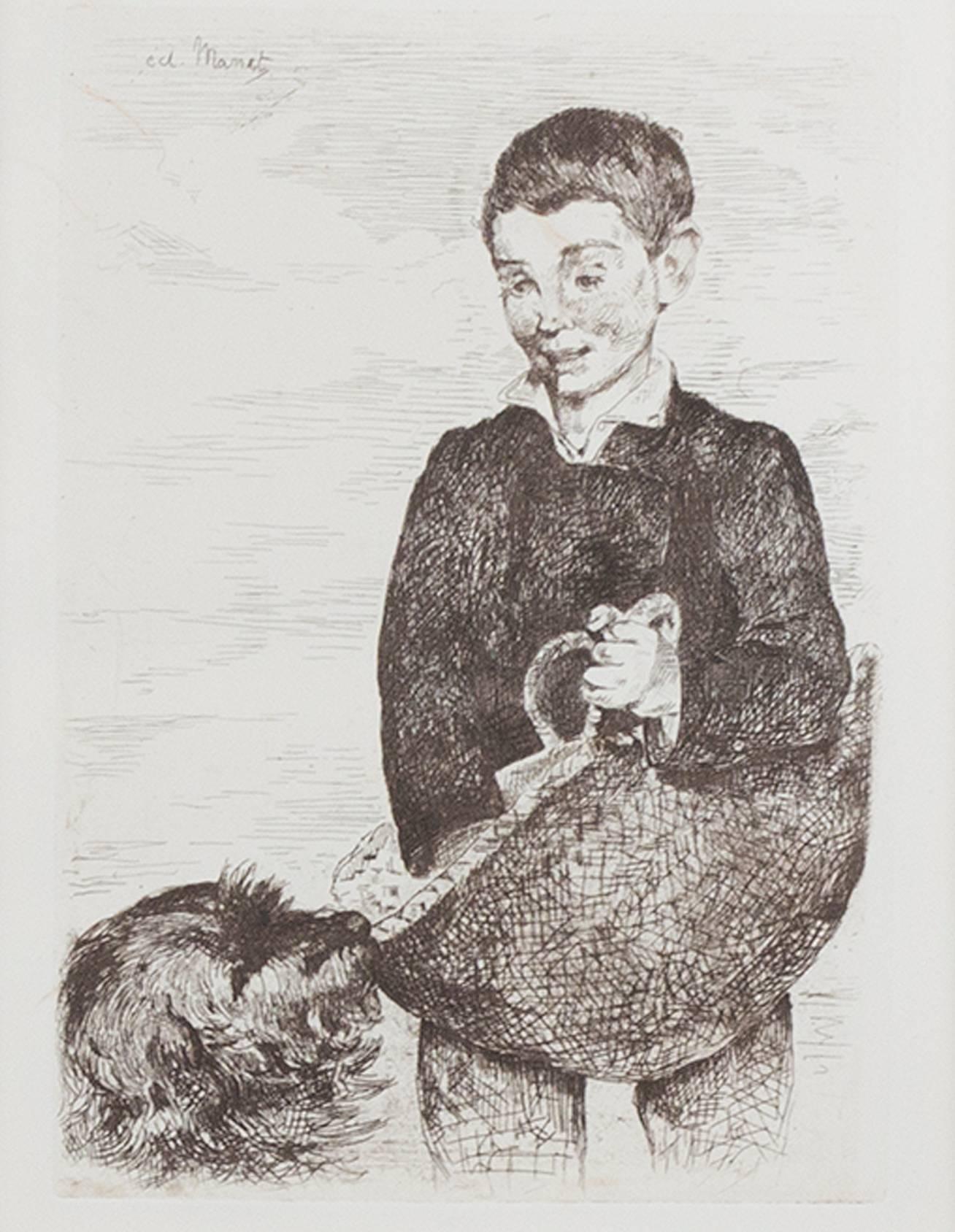 "Le Gamin" est une gravure originale d'Edouard Manet. Elle représente un jeune garçon tenant un panier avec son chien à poils longs. Il s'agit du deuxième et dernier état et il est signé en haut à gauche dans la plaque "ed. Manet" ; cette signature