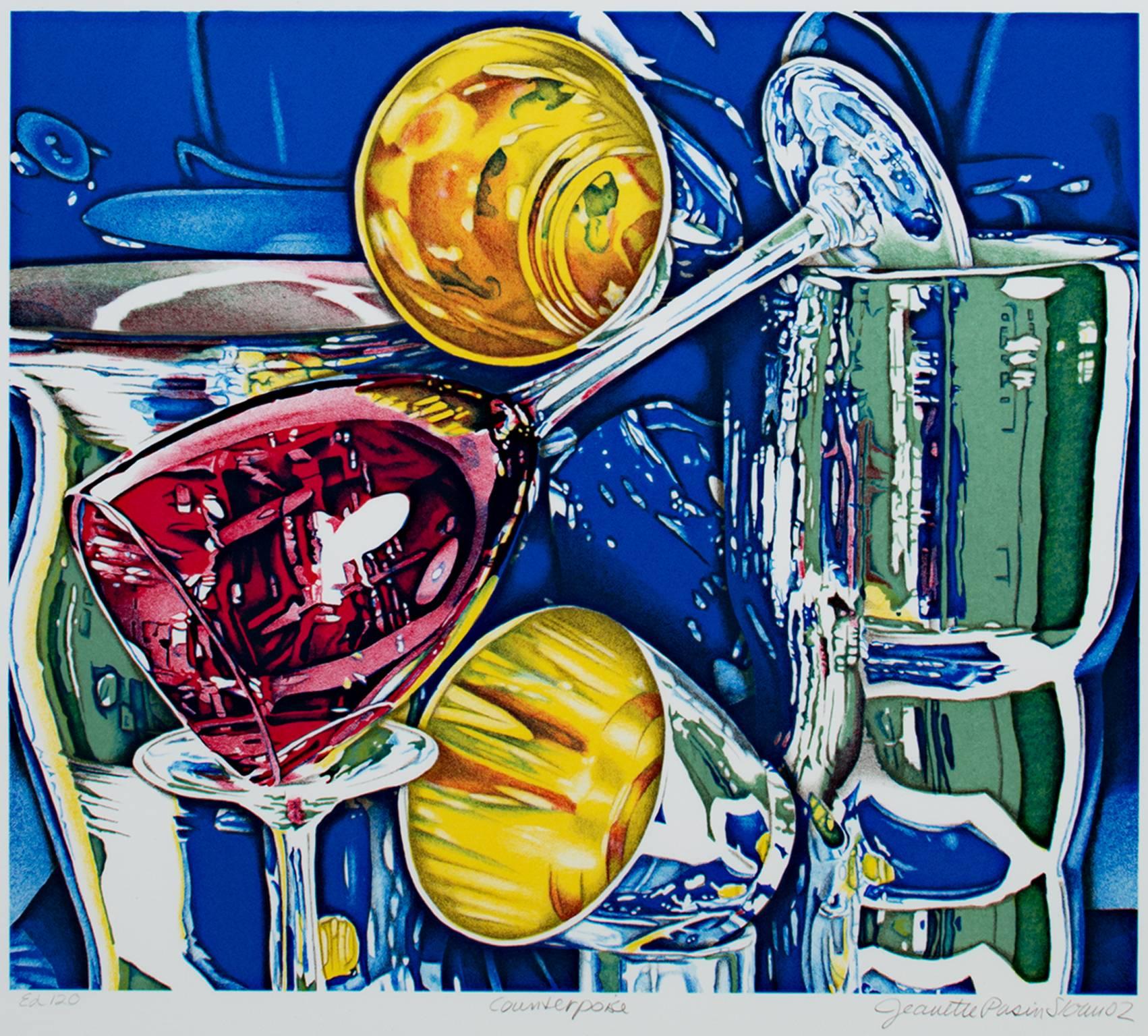"Counterpoise" è una litografia originale a colori di Jeanette Pasin-Sloan. Presenta una serie di bicchieri iperrealistici dai colori vivaci e brillanti. L'artista ha firmato l'opera in basso a destra, l'ha intitolata in basso al centro e ha scritto