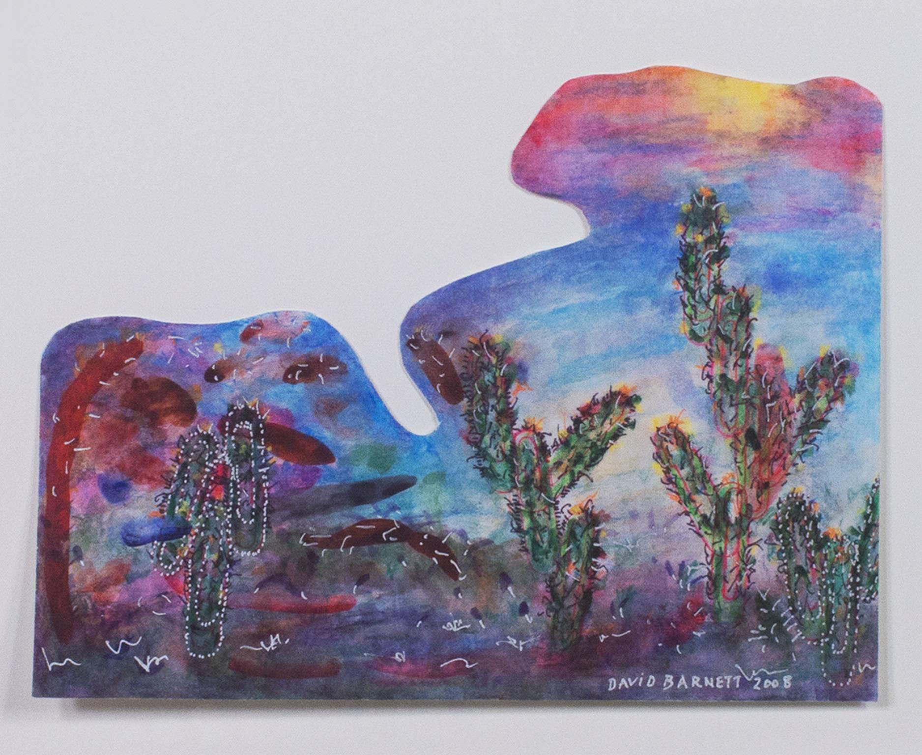 "Südwest-Serie: Paper Clip Cactus Artist's Palette" ist ein Originalwerk in Mischtechnik von David Barnett. Der Künstler hat das Werk unten rechts signiert und datiert. Diese Arbeit zeigt mehrere Kakteen, die aus Büroklammerformen bestehen. 

7 1/4"