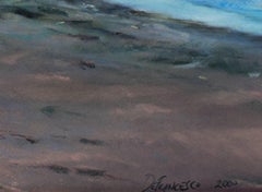 Paysage marin contemporain pastel chaises moody plage lac rochers paysage signé