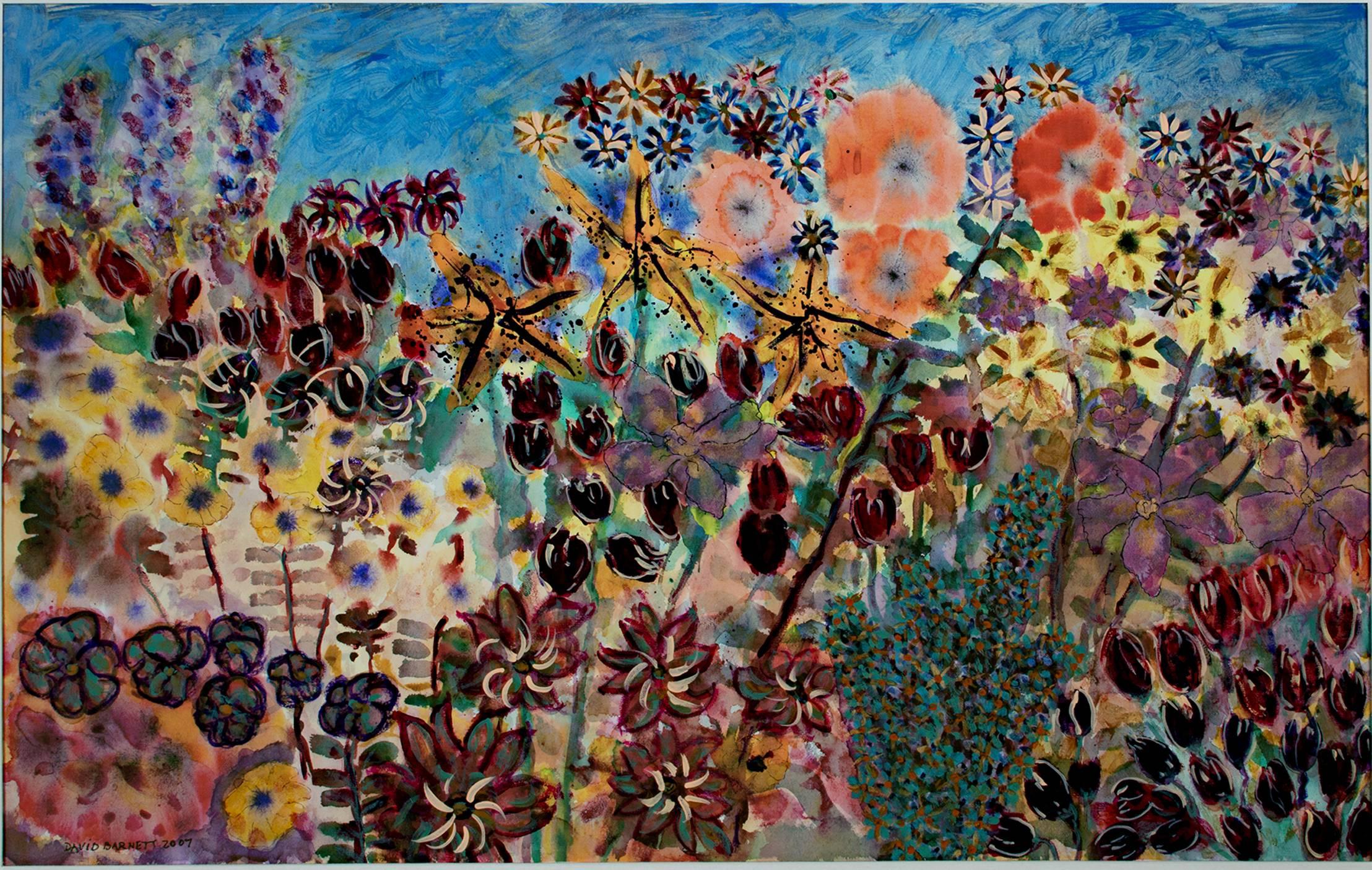 "Think Spring - Variation 1" is an original mixed media acrylic on canvas by David Barnett. The artist signed the piece in the lower right. This piece depicts a variety of flowers in front of a blue sky. 

24 1/4" x 38 1/4" art
33 1/4" x 47"