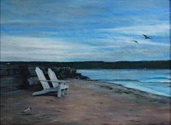 Paisaje marino contemporáneo en tonos pastel sillas de playa lago rocas paisaje firmado