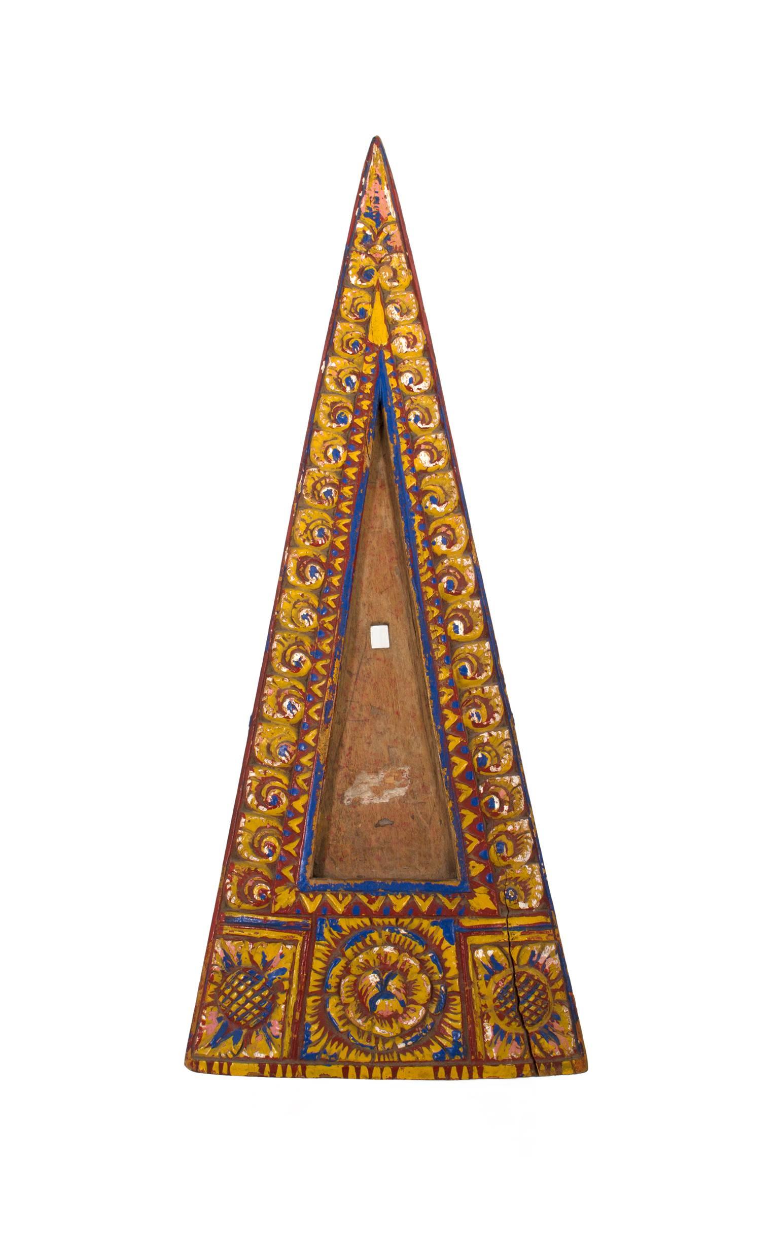 "Indonesian Triangular Wooden Tray, " Painted with Yellow, Blue & Red  - Sculpture by Unknown