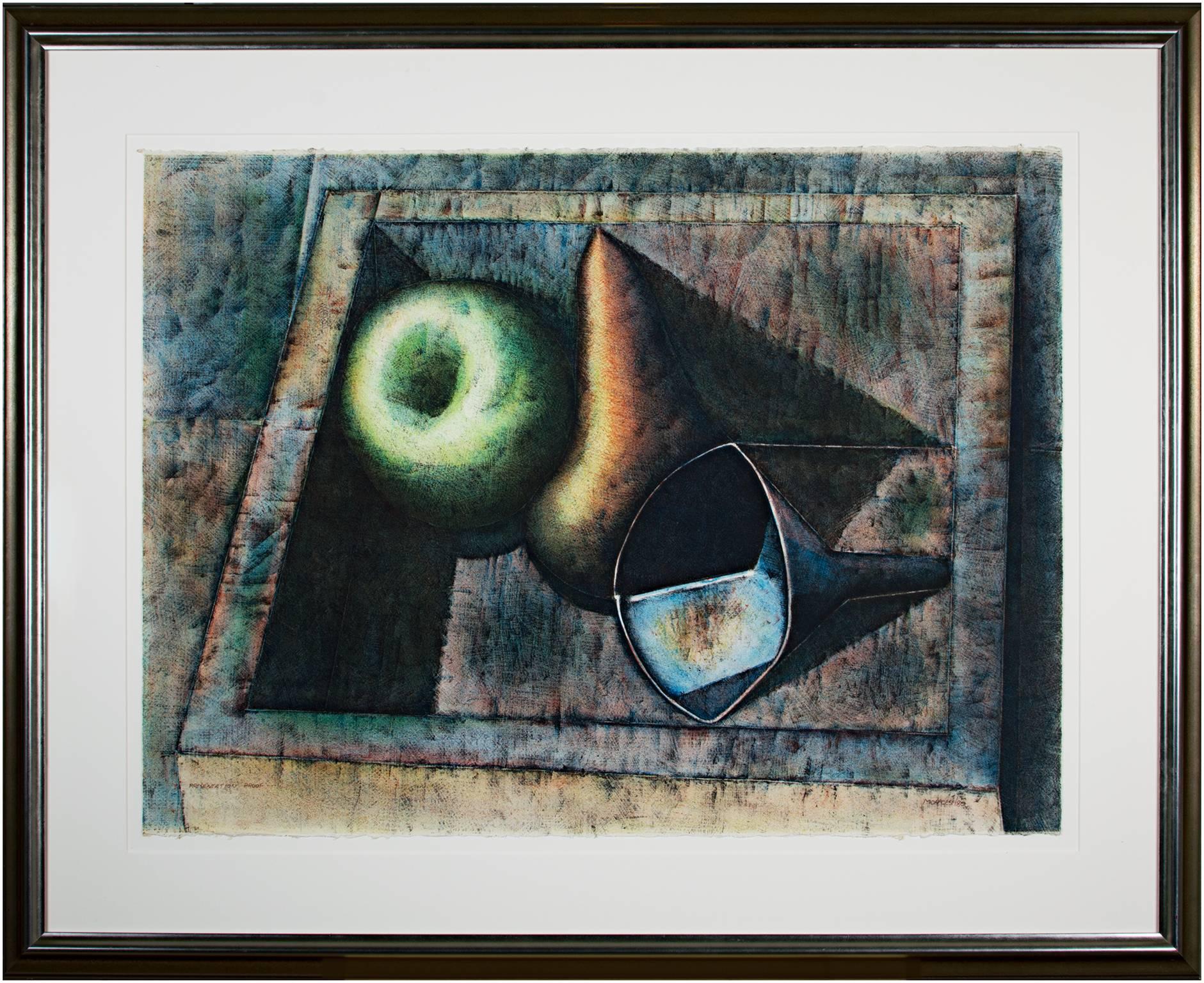 Armando Morales Still-Life Print - "Bodegon - Still Life: Apple, Pear, & Funnel in Box, " Original Color Lithograph 