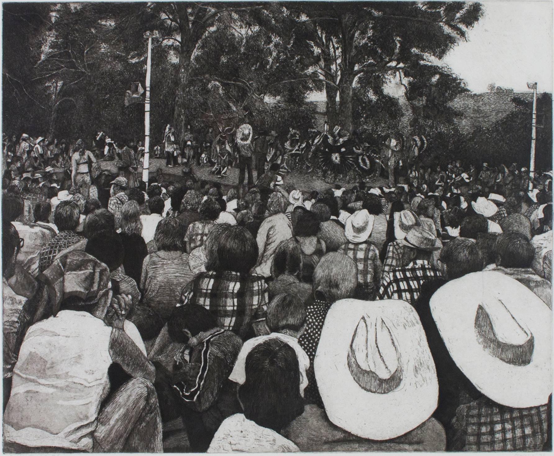 "Stampede" is an original etching by Moishe Smith. This etching depicts a crowd of people looking at a stage. The viewer sees only the backs of the heads in the crowd. This is edition 12/50.

20 1/2" x 24 1/2" art
28 1/2" x 32 1/2" frame

Throughout