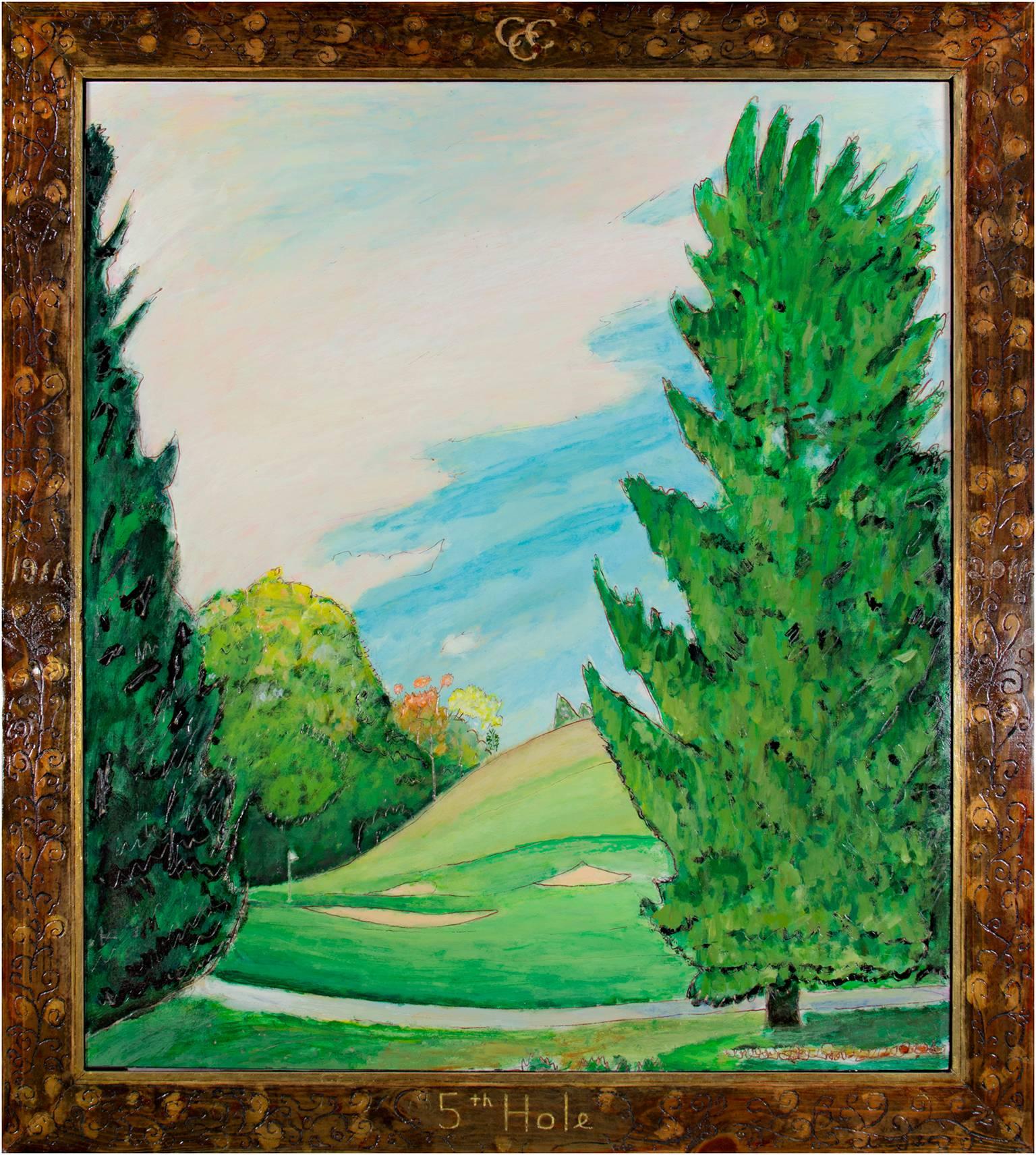 "Fifth Hole - Chenequa Country Club" is an original oil painting on wood by Robert Richter. The artist signed the painting on the back and created the hand-carved frame. This piece depicts a view of a golf course in Wisconsin. 

42" x 36" art
49