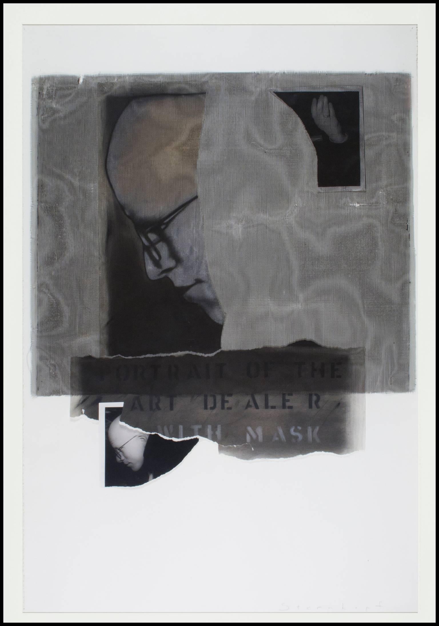 Carol Sternkopf Figurative Print - "Art Dealer With Mask (Portrait of David Barnett), " Mixed Media signed