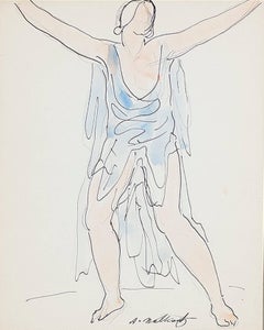 "Isadora Duncan (Blue), " Pen, Ink, & Watercolor signed by Abraham Walkowitz