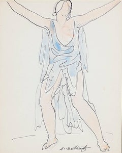 Antique "Isadora Duncan (Blue), " Pen, Ink, & Watercolor signed by Abraham Walkowitz