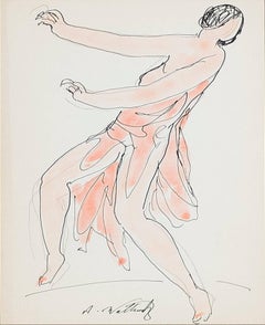 « Isadora Duncan (orange), crayon, encre et aquarelle signés par Abraham Walkowitz