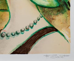 20th century color lithograph French scene female figure horses trees signed