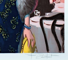 Lithographie en couleur de scènes féminines des tables de fête du 20e siècle signée