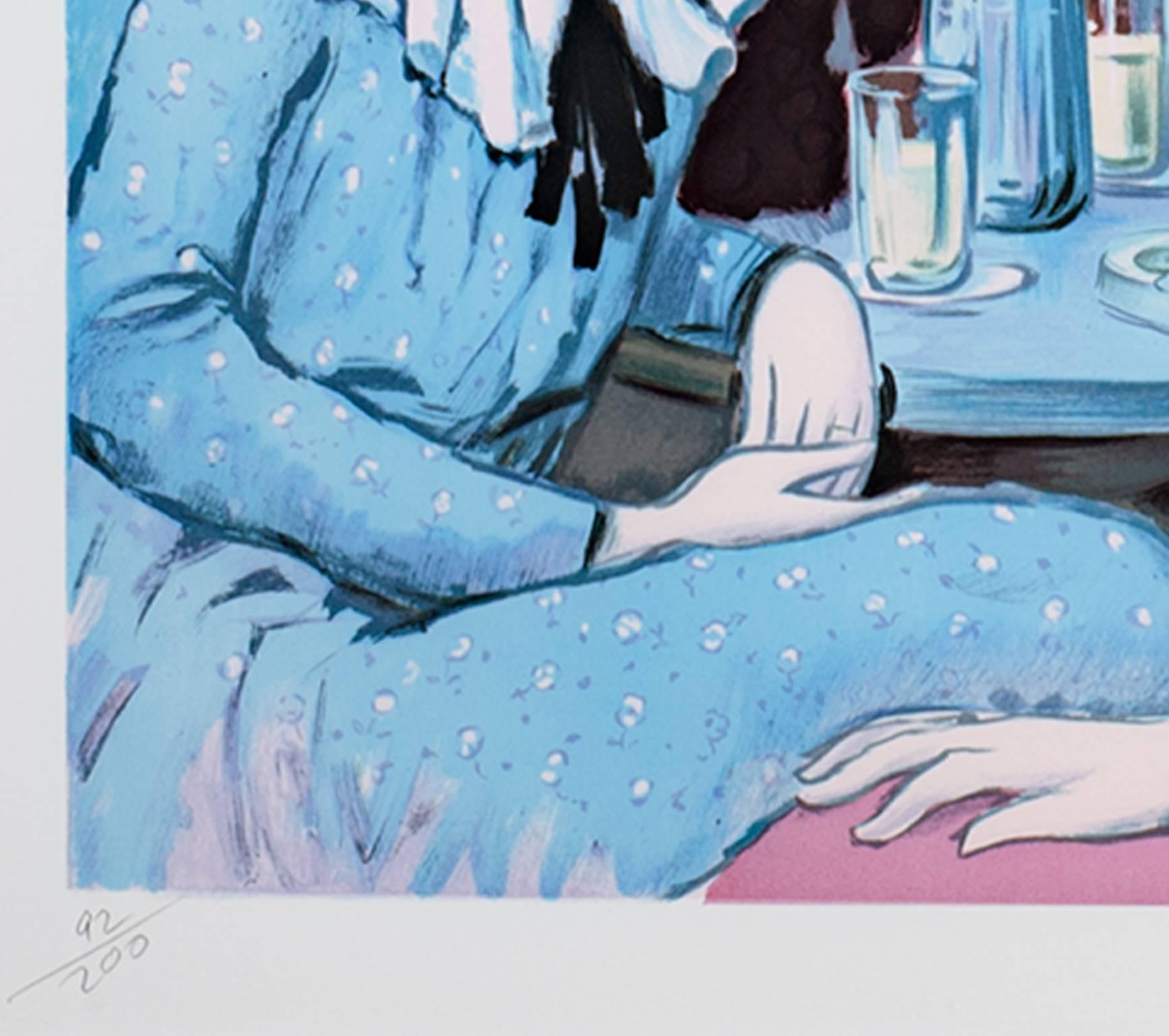 20th century color lithograph French scene female figures cafe street signed - Blue Figurative Print by Francois Batet