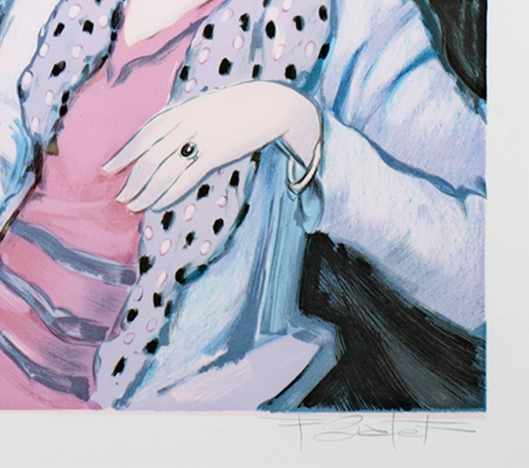 20th century color lithograph French scene female figures cafe street signed - Print by Francois Batet